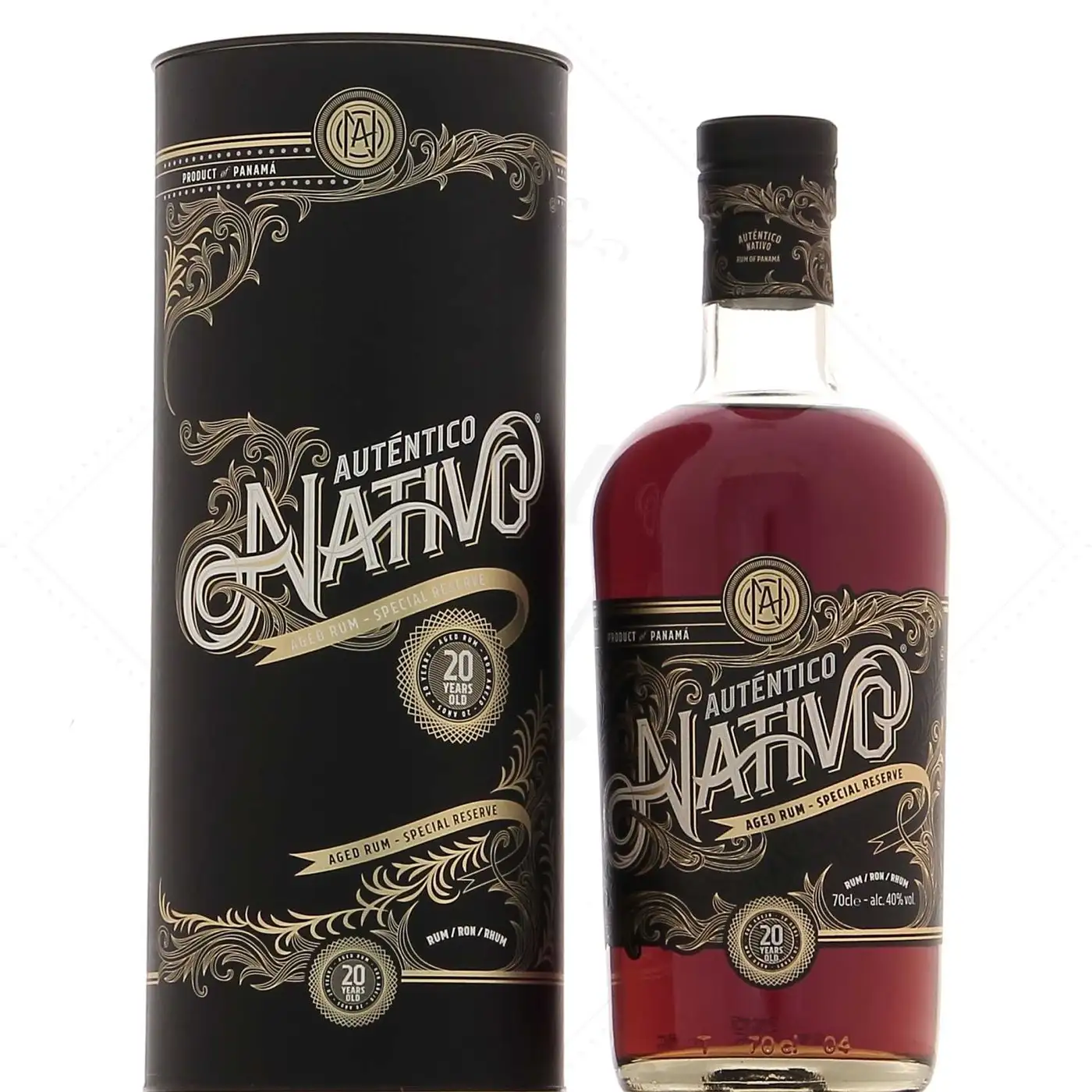 Image of the front of the bottle of the rum Auténtico Nativo 20 Años