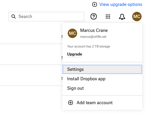 A tightly cropped screenshot of the upper right corner of the Dropbox main view. The authors account is visible and the Settings button is highlighted.