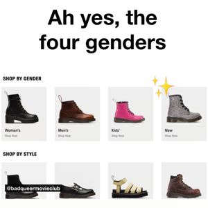 A screenshot from a shopping site for shoes with a "Shop by gender" section and icons for "Women's", "Men's", "Kids'", "New"