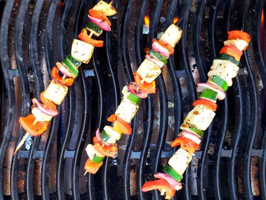 Three Mediterranean skewers on the BBQ grill