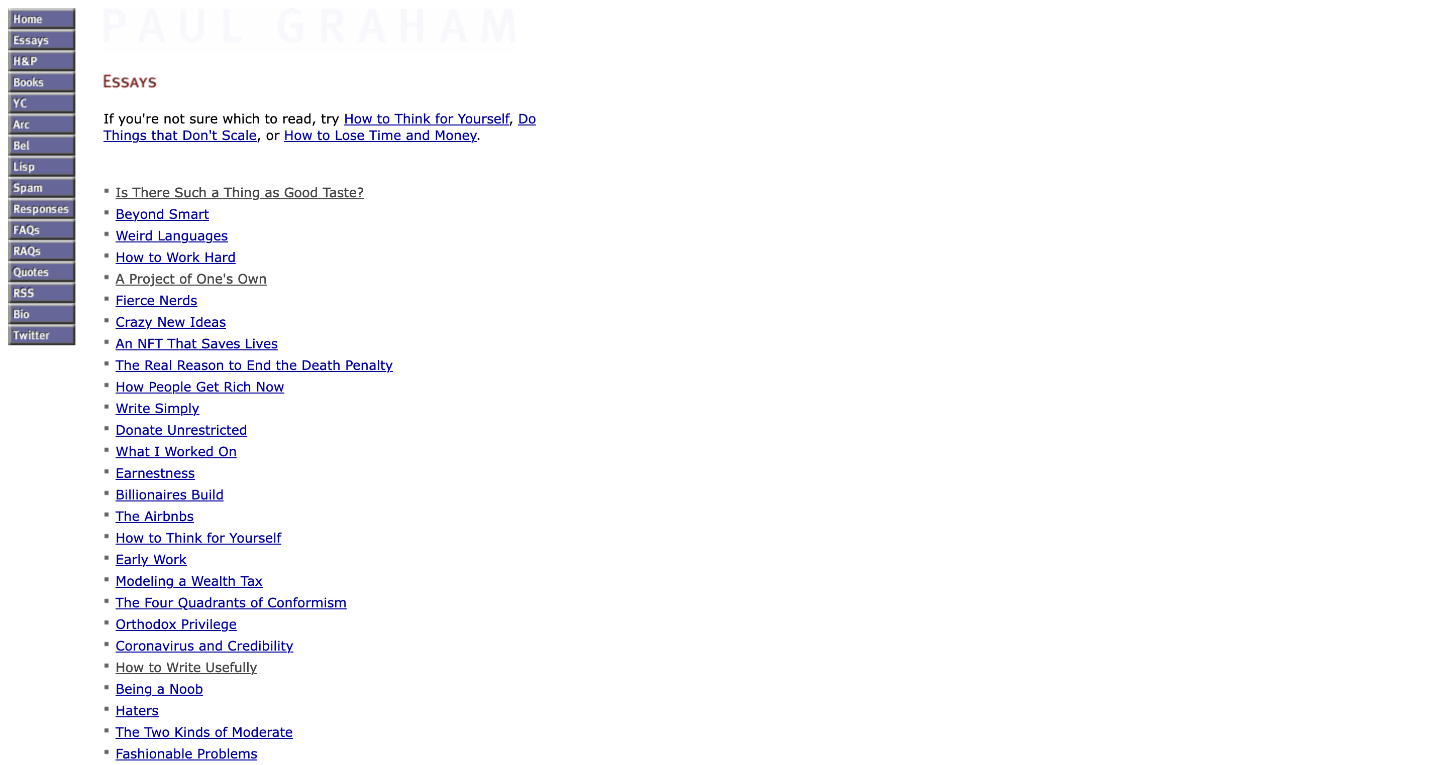 Paul Graham's personal website, featuring a collection of essays