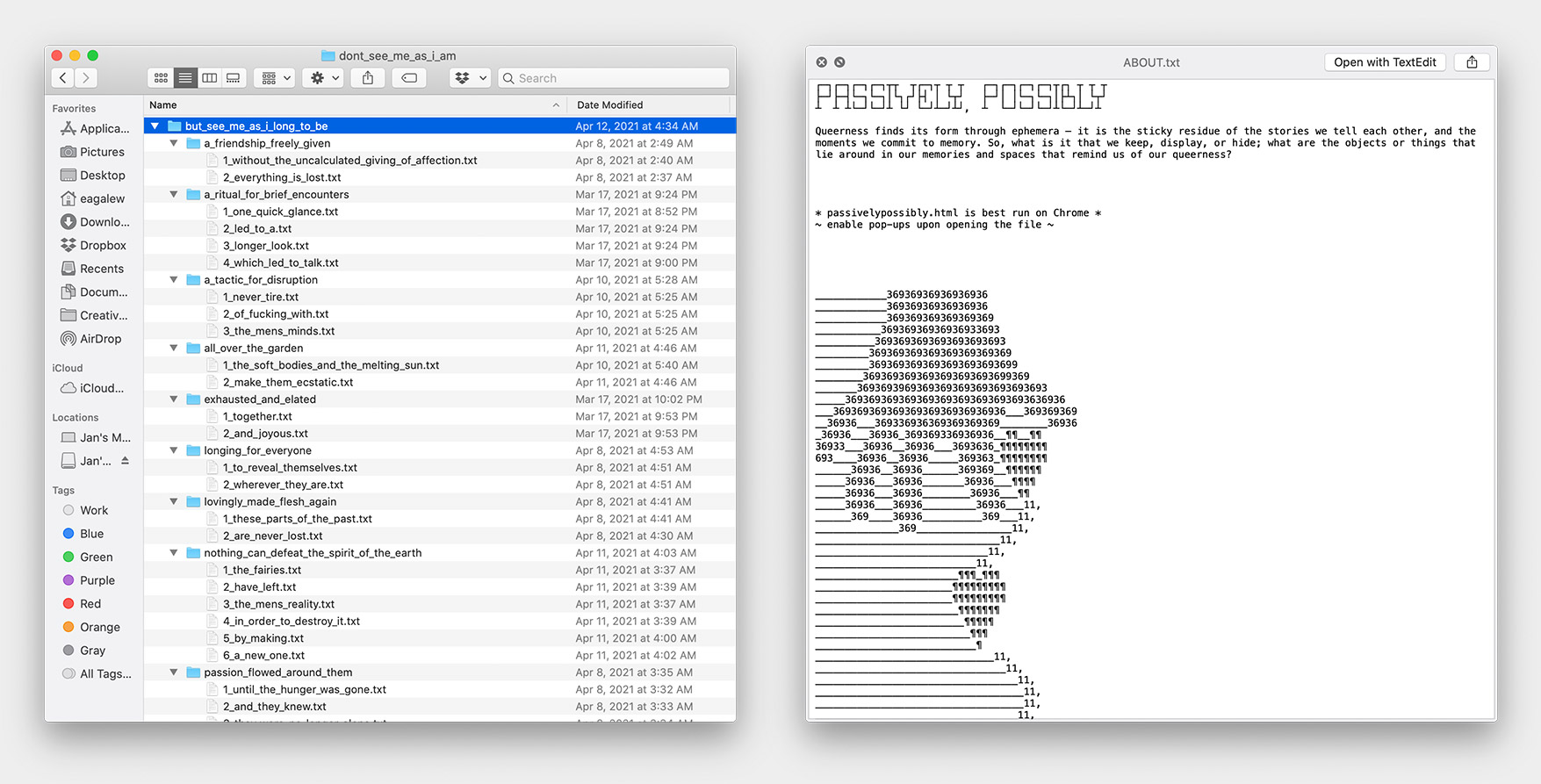 Two desktop windows open. Left: Finder window displays folder structure. Right: an about.txt file with ASCII imagery.