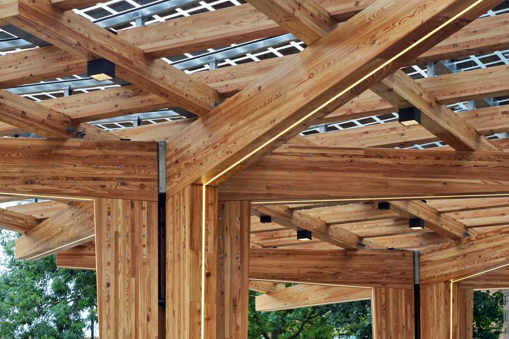 Detail of the K:Port timber structure with integrated LED lighting panels