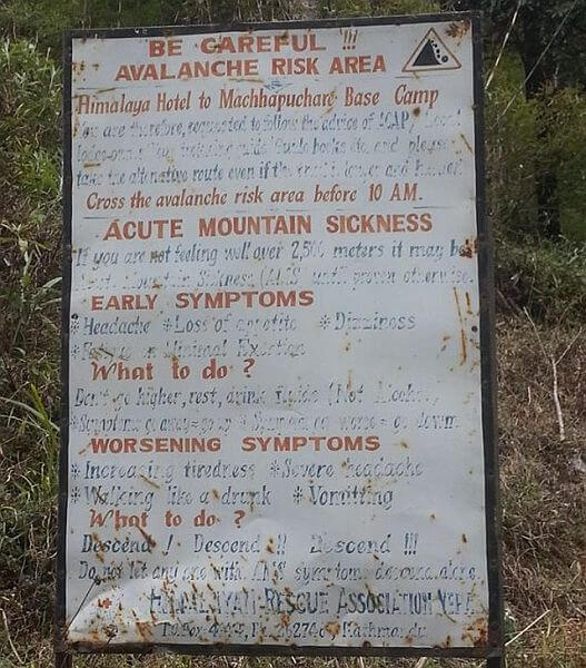 ACM warning Sign in Annapurna Sanctuary Gate