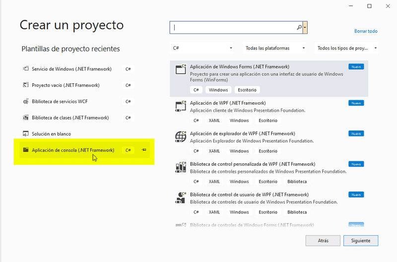 Crear un nuevo proyecto de consola