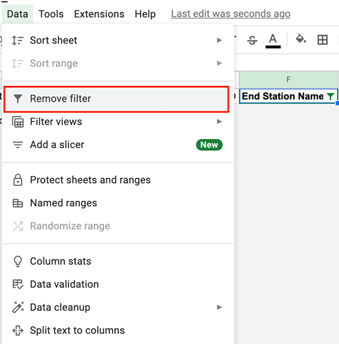 A dataset in Google Sheets. The "data" option has been selected from the toolbar, and "Turn off filter" selected from the drop-down menu.