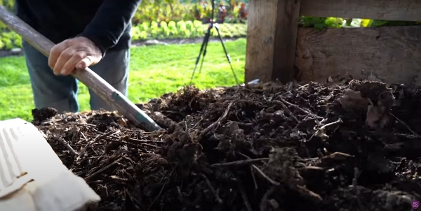 A shovel in a heap of compost