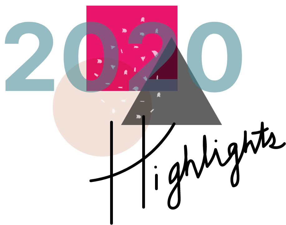 2020 Highlights in cursive with overlayed pink square grey traingle and tan circle