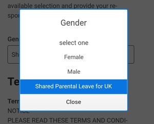 A screenshot of a pop up modla on a website with a title of &quot;Gender&quot; and selectable options for &quot;Female&quot;, &quot;Male&quot;, &quot;Shared Parental Leave for UK&quot;