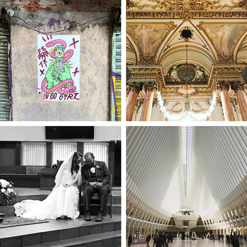 A collage of scenes from Mexico City, Paris, a wedding, and New York City