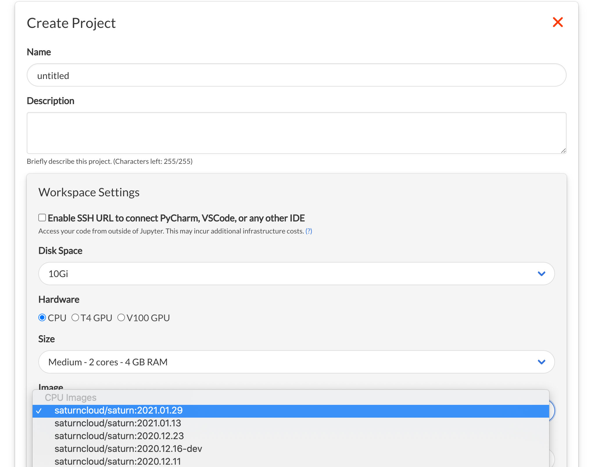 Screenshot of Saturn Cloud Create Project form
