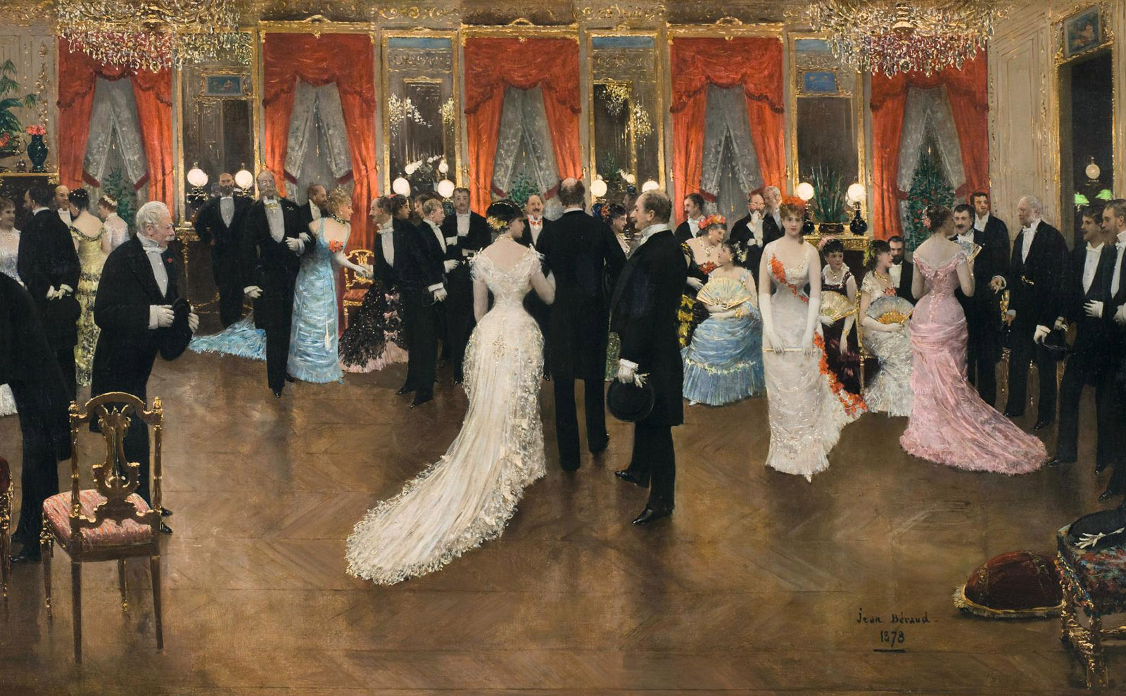 impressionist painting of people in evening wear in a gilded ballroom