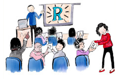 Cartoon of classroom with R on the projector screen.