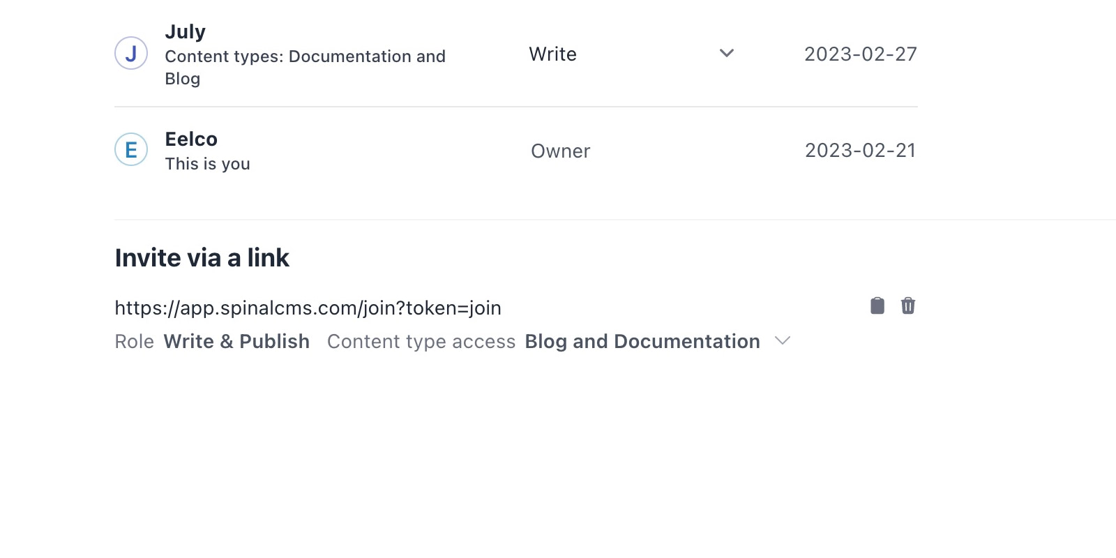 the URL invite form with giving access to the blog and docs