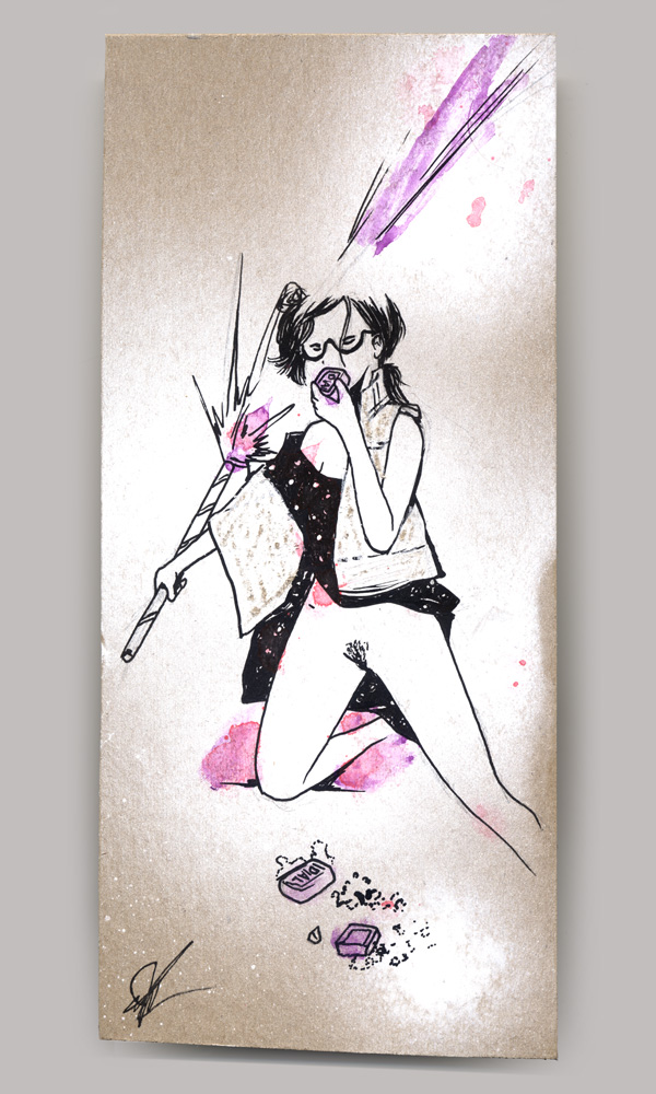 An acrylic painting on wood panel, titled 'Frozen', of a pantless woman holding an active roman candle while eating pink soap.