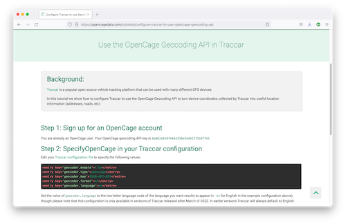 "Screenshot of OpenCage Traccar tutorial"