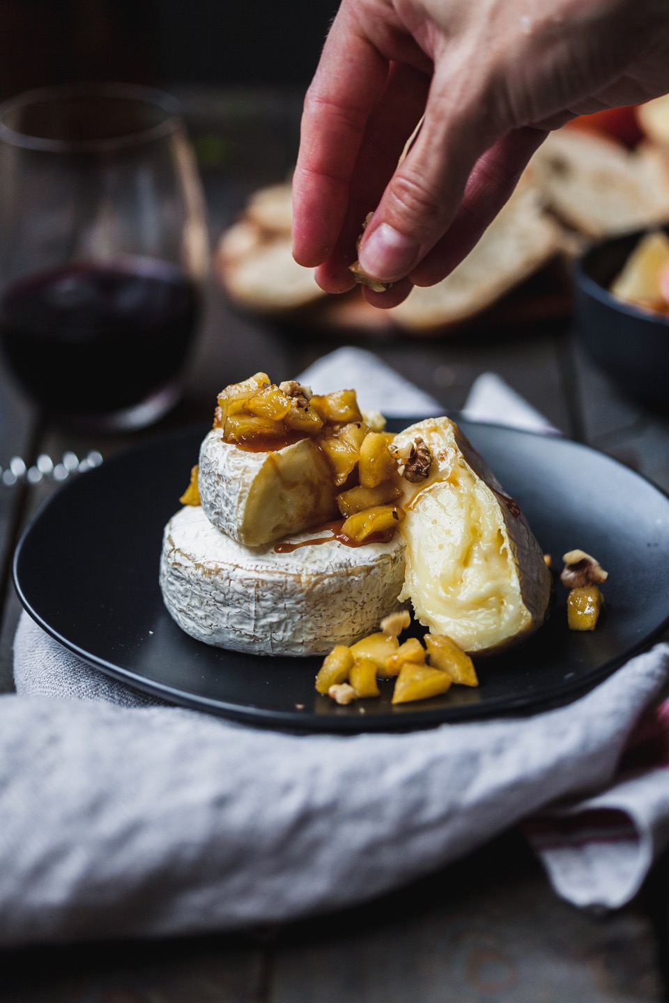 Baked Brie With Caramelized Apples Olive And Mango