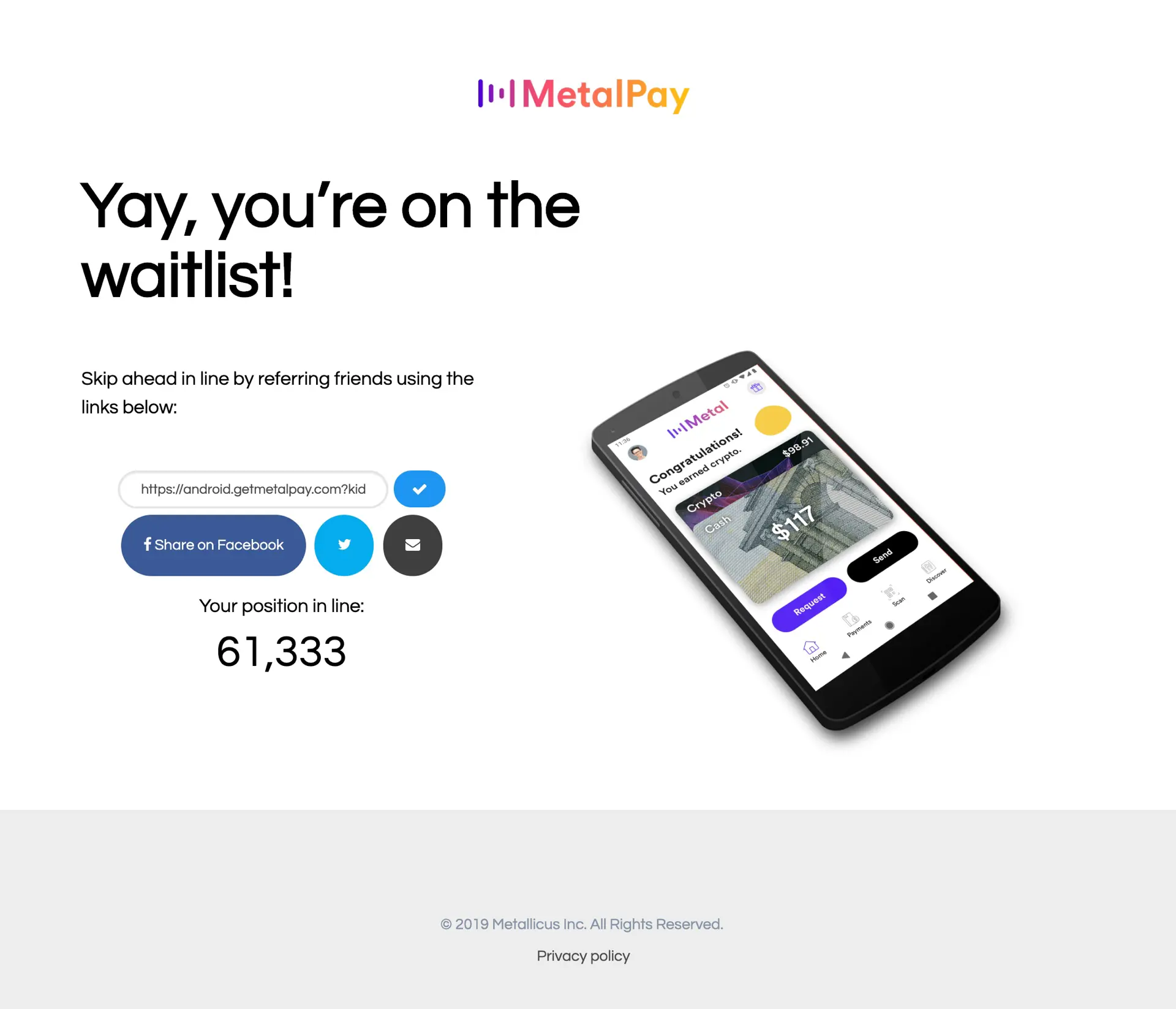 Metal Pay referral page