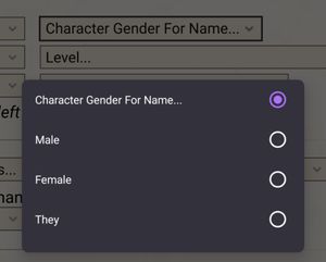A screenshot of a website on a mobile phone with a form field "Character gender for name..." and options for "Male", "Female", "They"