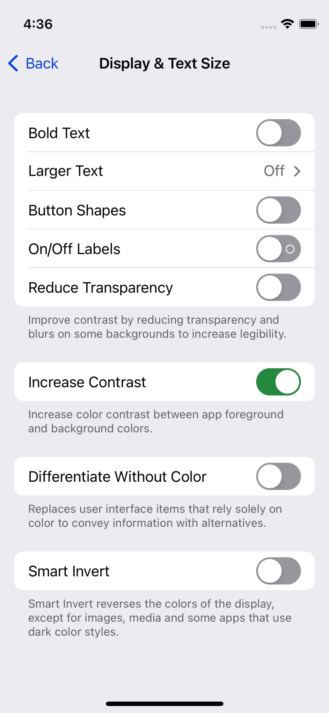 The settings app on iOS with increased contrast on.