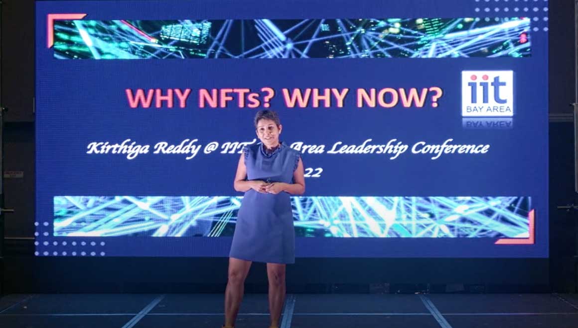 Image of Kirthiga Reddy delivering her 2022 IIT Bay Area Leadership Conference talk.