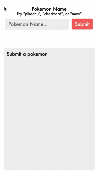User clicks "pikachu" and after a loading delay, pikachu's data and photo is displayed