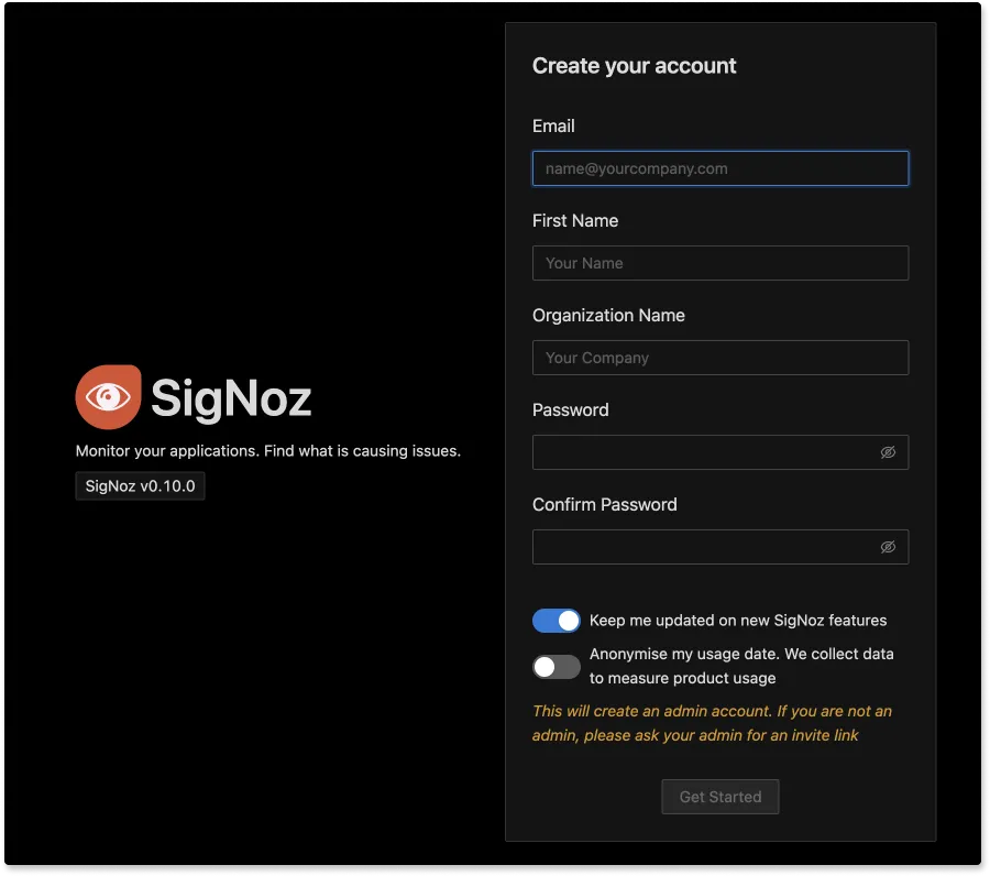 Sign up page of SigNoz