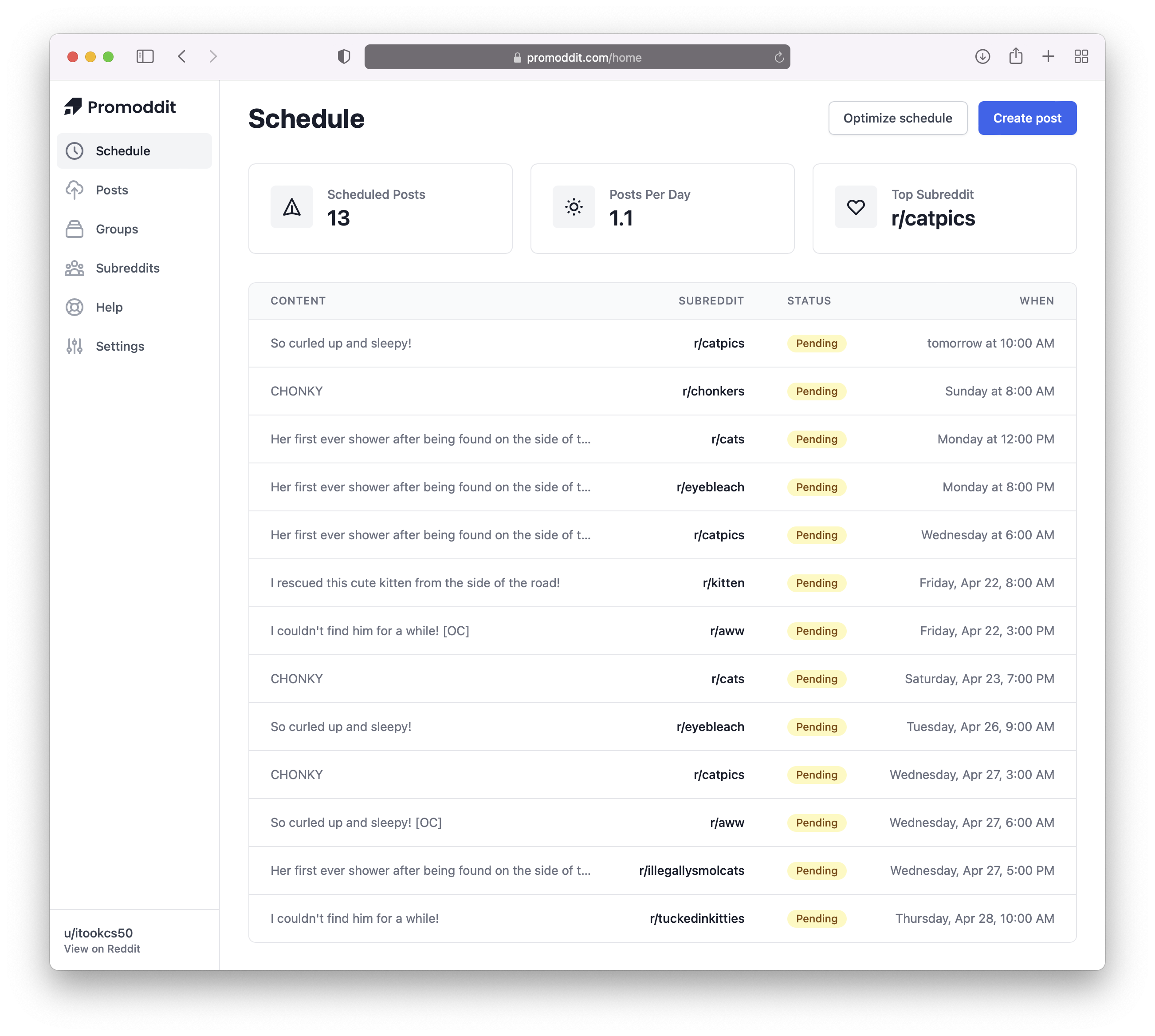 An example of a Reddit posting schedule using Promoddit