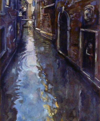 painting in three vertical panels looking down a Venice watercourse