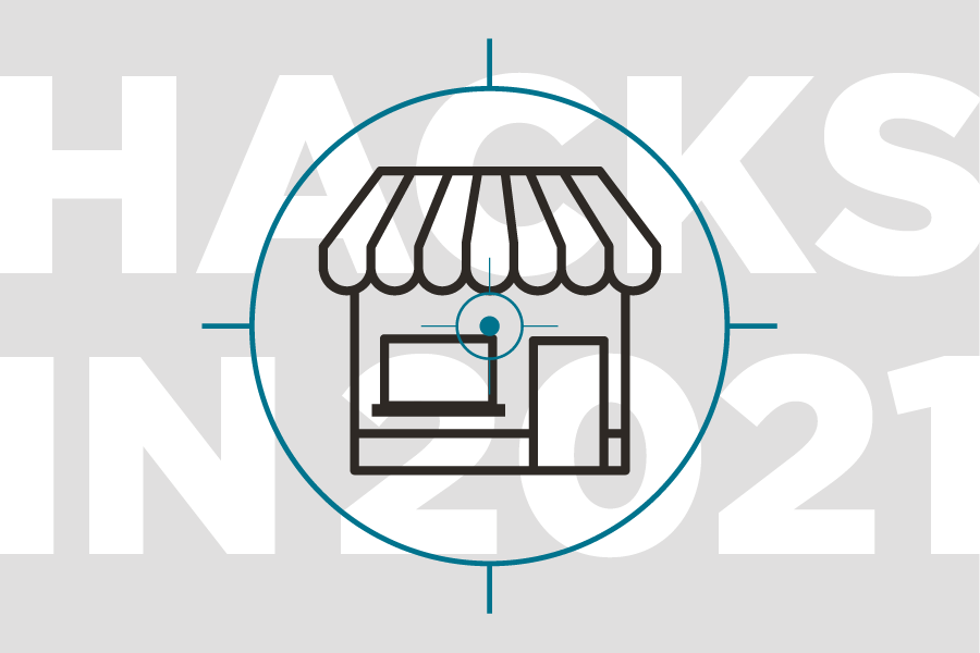 An icon of a business in the crosshairs of a hacker.