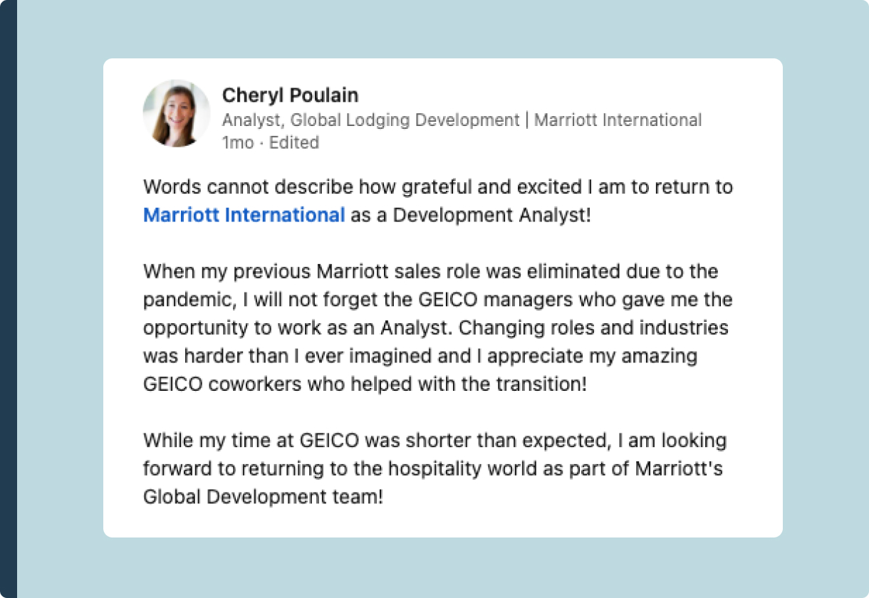 A LinkedIn post Cheryl about her career change journey