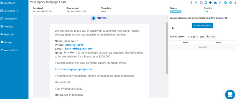 Email received in Parseur mailbox from Opcity