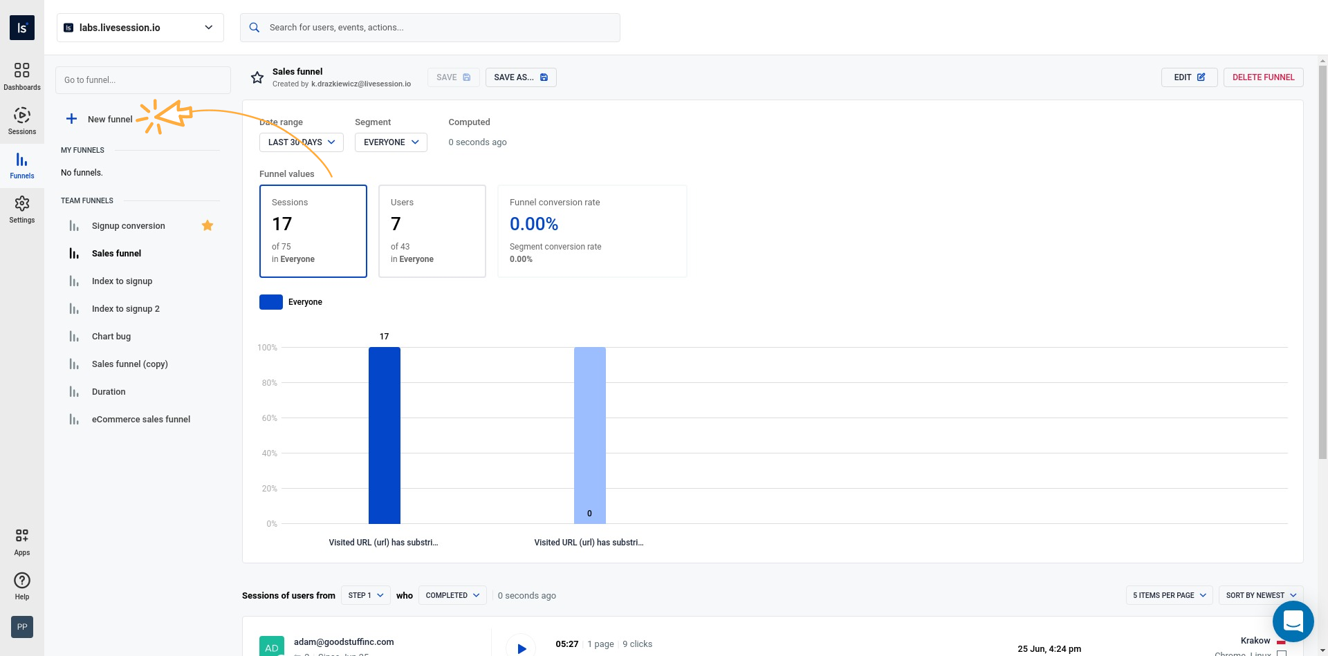 Click on New funnel LiveSession funnels