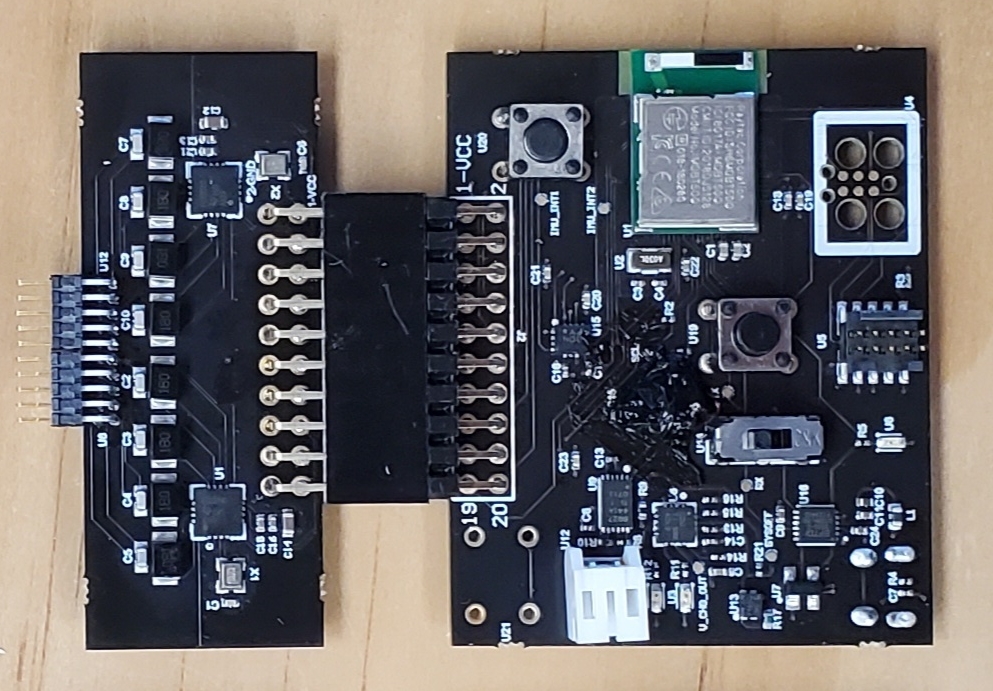 Motherboard (right) and daughterboard (left) joined by the aforementioned `b2b` header