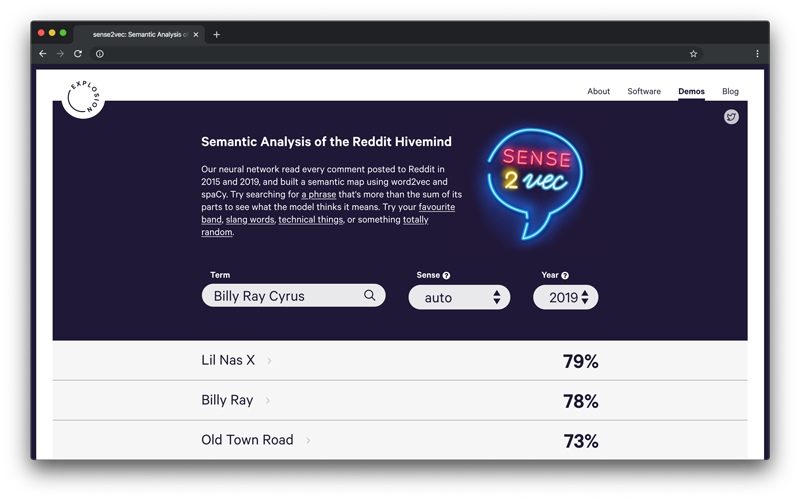 Screenshot of the sense2vec demo