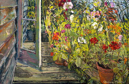 Studio Door and Glower Border gouache painting