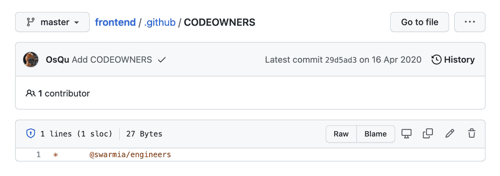 Example of a CODEOWNERS file from Swarmia's frontend repository telling GitHub to notify @swarmia/engineers team whenever a new PR is opened Example of a CODEOWNERS file from Swarmia's frontend repository telling GitHub to notify @swarmia/engineers team whenever a new PR is opened