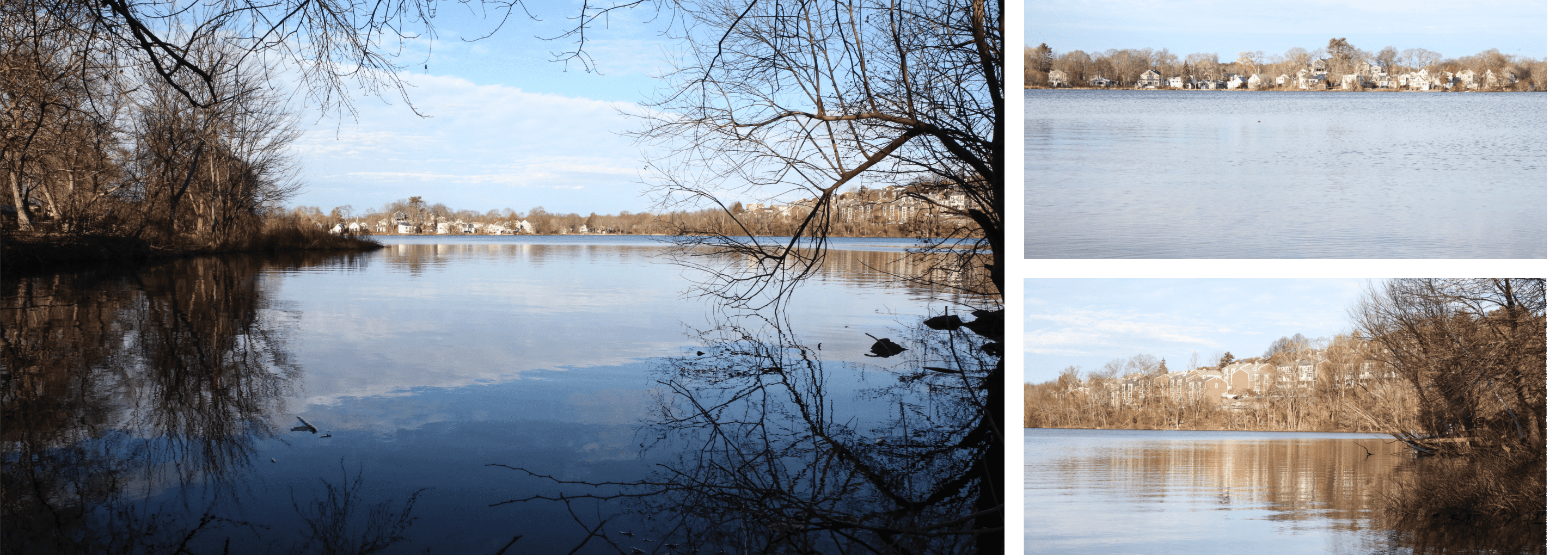 photos of a placid lake surface as viewed from a fishing boat