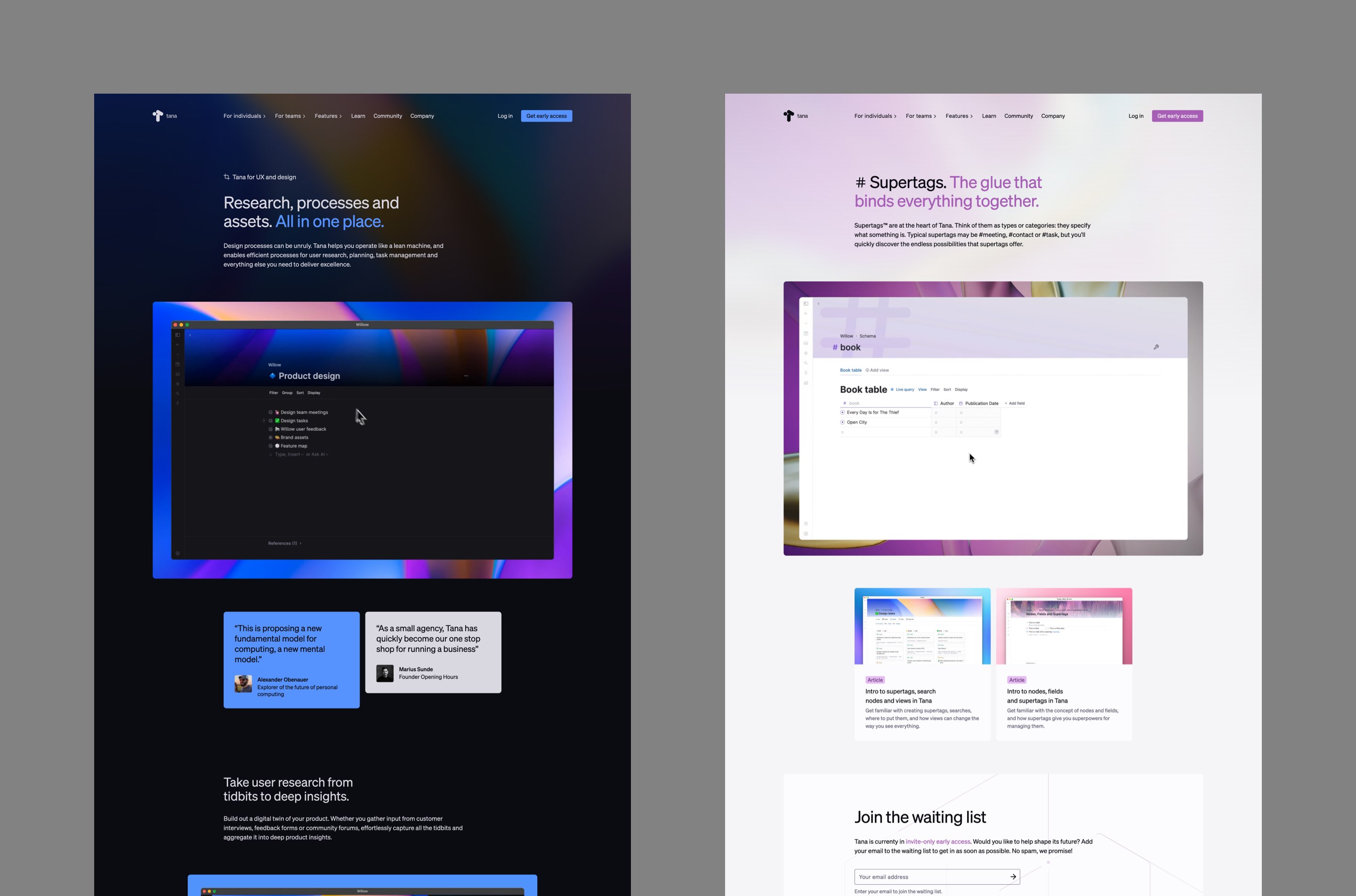 Screenshots of two pages: The Tana for Design page and a page about Tana Supertags
