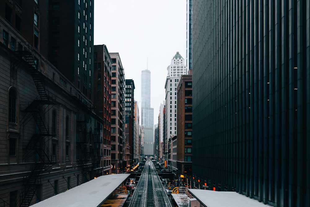 View of Trump Tower in Chicago above train tracks