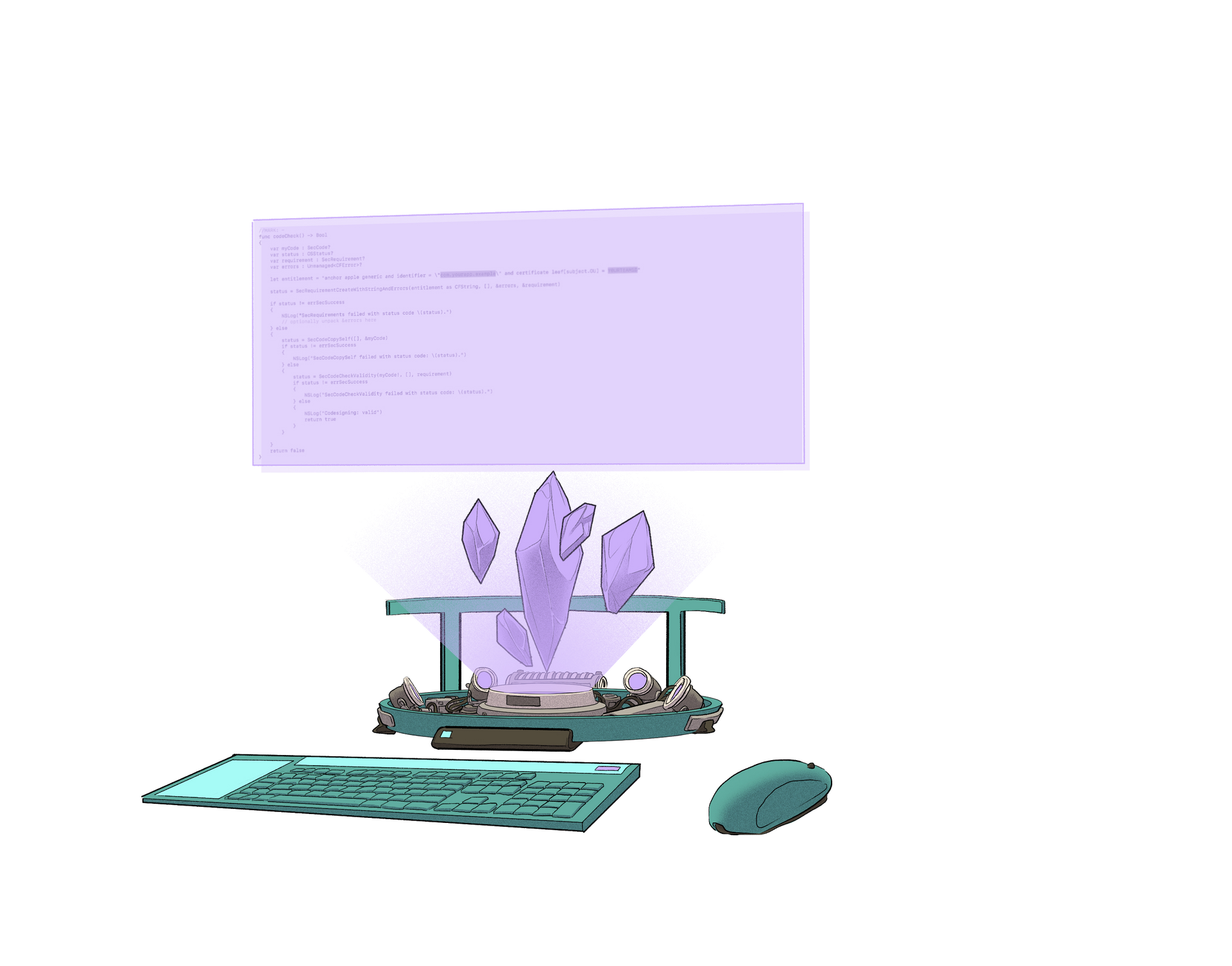 Il·lustració d'un ordinador futurístic muntat i alimentat per cristalls Ethereum.