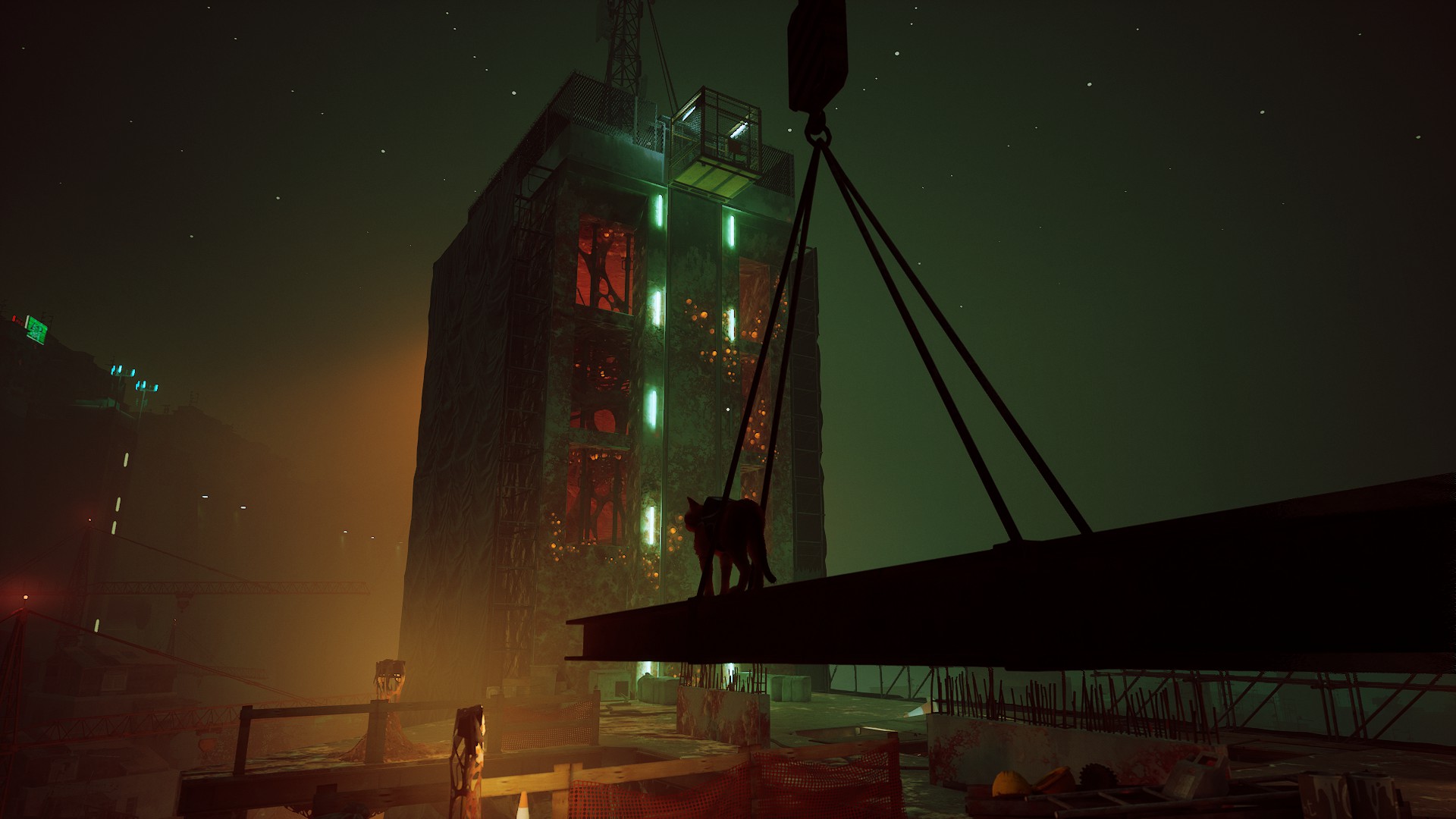 Cat approaching a tall building at night, which seems infested by creepy organic material that promises danger.