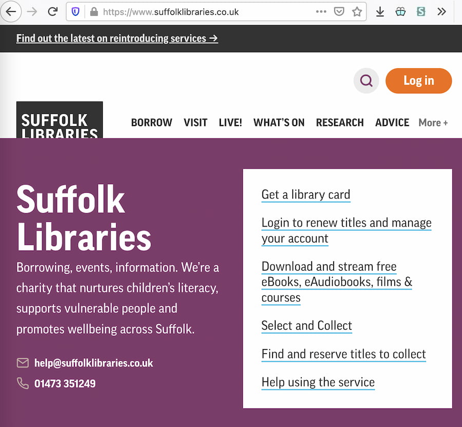 Screenshot of the Suffolk Libraries website navigation menu.