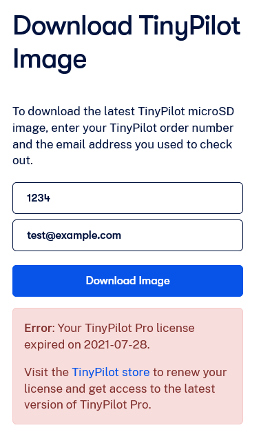 Screenshot of form asking the user to input their order number and email address to download TinyPilot Pro image