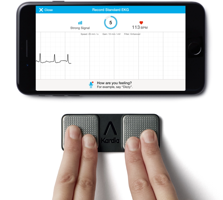 iPhone showing the recording screen with hands on Kardia Mobile