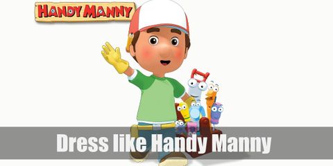 Handy Manny costume is a plain green shirt, denim pants, a red cap, yellow gloves, and brown boots.