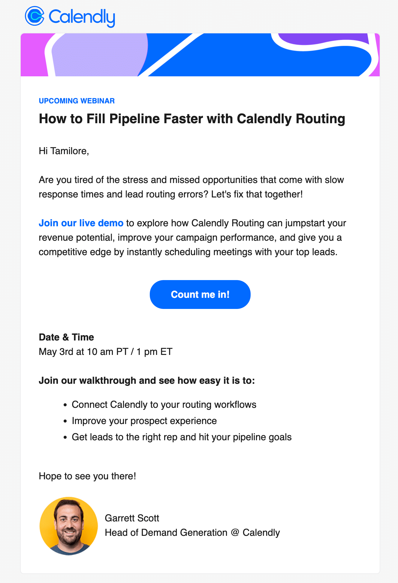 Email Engagement Content Ideas: Screenshot of Calendly's email urging users to sign up for their webinar