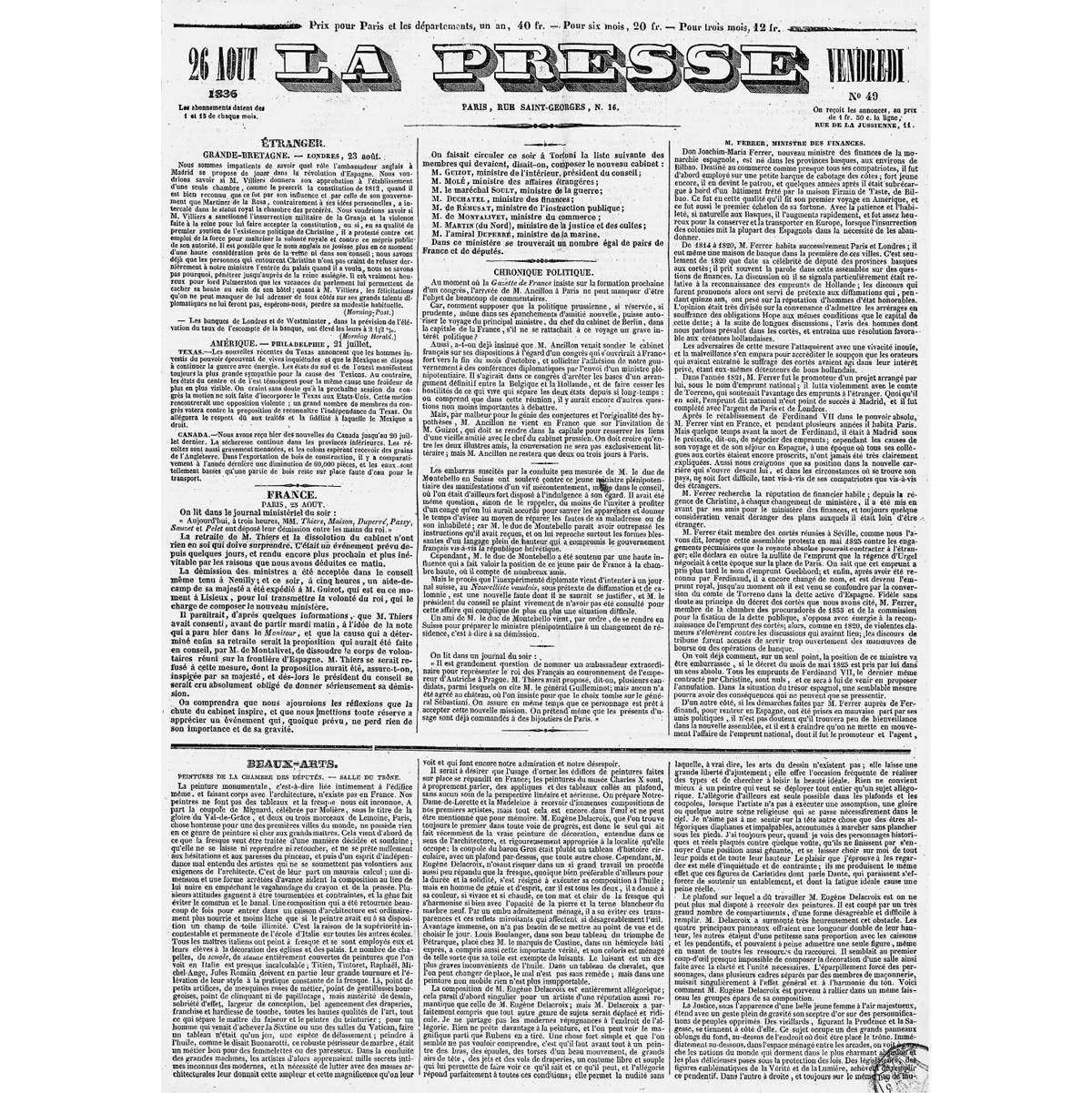 Первая полоса газеты La Presse от 26 августа 1836 года. Внизу помещен «подвал» с рубрикой «Изящные искусства». Источник: Национальная библиотека Франции / gallica.bnf.fr