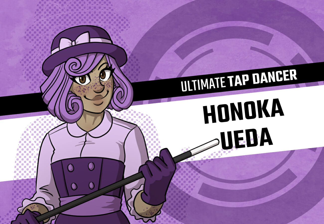 Introduction card for Honoka Ueda, the Ultimate Tap Dancer. She's a short, stout girl with freckles and perfectly curled purple hair. She's wearing a bowler hat with a bow on it, a purple blouse, and gloves. She's wielding an old-fashioned dancing cane.