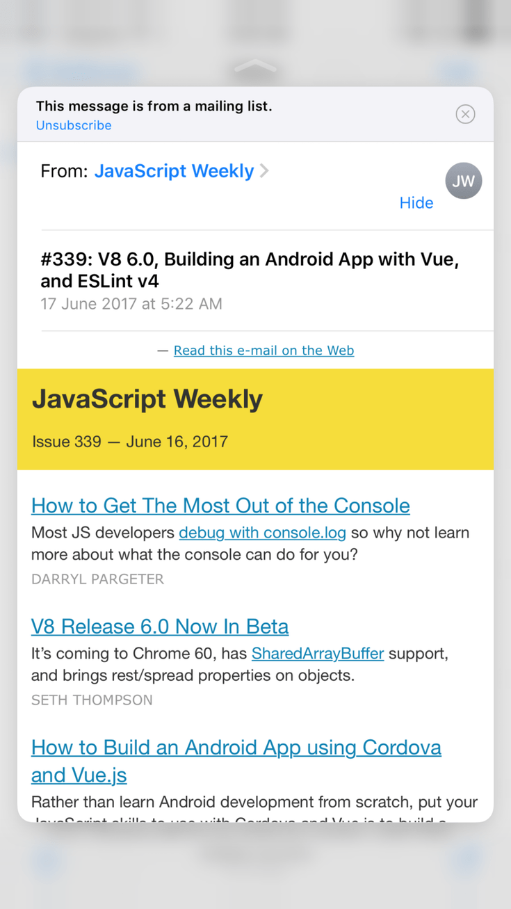 Medium force applied to the same item in Mail. Window showing mail preview in Mail on iOS